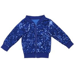 Cool Boys Sequin Bomber Jacket Long Sleeve Clothing Fashion Girl Kids Sparkle Navy Glitter outerwear Coat 249a