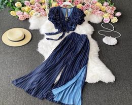 2021 Blue Striped Crop Top Long Pant Two Piece Set Women Summer Sexy Backless Knotted Tops Wide Leg Pants Party 2 Piece Sets6472529