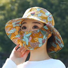 Wide Brim Hats Summer Outdoor Sun Hat For Women Sunscreen Mask Work UV Protection Bucket With Face Cover Tourism Sunshade