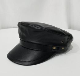 Autumn And Winter Ladies Flat Top PU Leather Caps Black Hat Fashion Men039s Hats Warm Thick Cap Bone Navy Wide Brim8241408