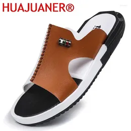 Slippers HUAJUANER Sandals Men Summer Fashion Peep Toe PU Flip Flops Shoes Male Outdoor Non-slip Flat Beach Slides Big Size