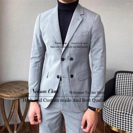 Men's Suits Grey Stripe Male Prom Blazers Notched Lapel Groom Wedding Tuxedos 2 Pieces Sets Men Slim Fit Double Breasted Costume Homme