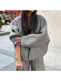 Women's Jackets Fashion Grey V-neck Women Cropped Jacket Elegant Single Breasted Long Sleeved Coat 2024 Autumn Female Chic Streetwear