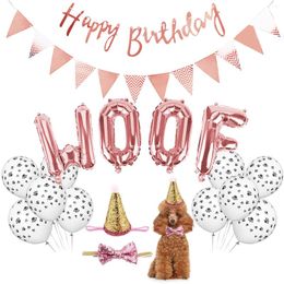 Dog Apparel Birthday Party Rose Gold WOOF Letter Foil Balloons Print Latex Ball Pet With Hat Happy Banner Supplies