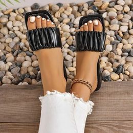 Slippers New Summer for Women Pleated Flip Flops Flats Korean Sandals Green Slip on Shoes Plus Size 36-42 H240517