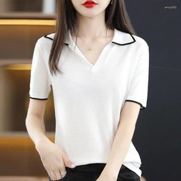 Women's Polos Clothing T-shirt Woman Knit Tops Polo Neck Shirts For Women Short Sleeve Tee Plain Youth Summer 2024 Synthetic V Trend Cute