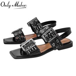 Onlymaker Women Square toe Flat Sandals Belt Buckle Slingback Flats Punk Retro Mary Jane Comfortable Summer Female Shoes 240429