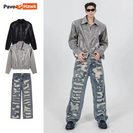 American Style Set Men Cropped Jackets hole Patch Straight Jeans Retro Loose Street 2pcs Suit Metal Color Sets Autumn Hip Hop 240419