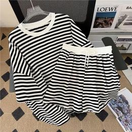 Women's Tracksuits Summer Women Clothing Ladies Striped Two-piece Suit Casual Tops O-neck Pullovers 2024 Printing Elastic Waist Shorts