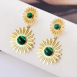 Dangle Earrings Waterproof Natural Malachite Black Stone Stainless Steel Flower Drop Statement Fashion Personality Jewellery For Women