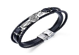 Mens Black Charm Leather Braided Bracelets Clasp Fashion Music Note Design Hip Hop Jewelry Punk Men Handmade Bracelet For Gift7125179