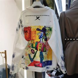 Fashion Hand Painted Character Graffiti Print Women Denim Jacket Spring Autumn Casual Hole Jeans Coat Female Outwear Streetwear 240426