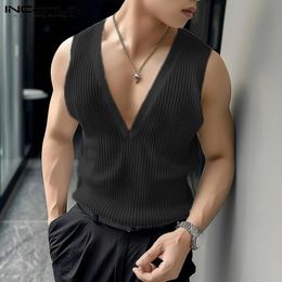 INCERUN Tops Handsome Mens Deep V Vertical Stripe Knitted Hollow Tank Casual Well Fitting Thin Sleeveless Vests S-5XL 240425