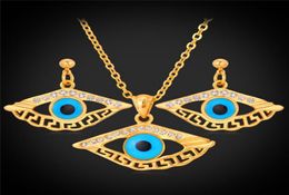 New Design Vintage Blue Evil Eyes 18K Gold Plated Choker Necklace Dangle Earrings Rhinestone Jewellery Sets6497330