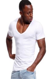 Deep V Neck T Shirt for Men Low Cut Vneck Wide Vee Tee Male Tshirt Invisible Undershirt Model Scoop Hem Slim Fit Short Sleeve CY208750992