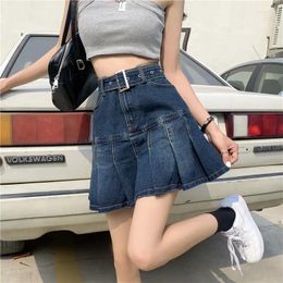 Skirts Summer High Waist Denim Pleated Skirt For Women's Korean Loose And Versatile Slimming Short Mini A-Line Jean