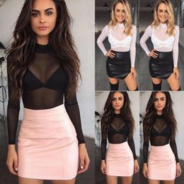 Women Top Sheer Fashion Sexy Ladies T-Shirts Long Sleeve See-Through Top Clubwear Tulle Mesh Black Pink Red T-Shirt 305l