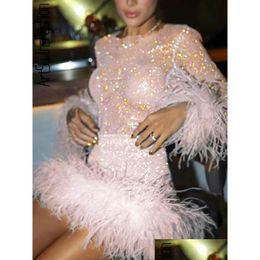 Two Piece Dress Fishnet Peice Sets Feather Suits Long Sleeve Crop Top And Skirts Set See Through 2 Pieces Outfits Mesh Skirt Y Drop De Dhi5F