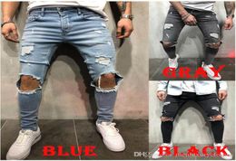 Designer KNEE HOLES Designer Men Jeans Long Trousers Blue Grey Black Slim Fit Ripped Biker Jeans3447429