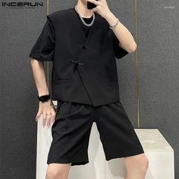 Men's Tracksuits INCERUN 2024 Chinese Style Fashion Sets Buckle Design Solid Well Fitting Vests Shorts Casual Suit 2 Pieces S-5XL