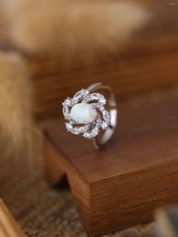 Cluster Rings Daisy Shape 925 Silver Women's Ring Inlaid With Zircon And White Opal Exaggerate Size For Trendy Style Need