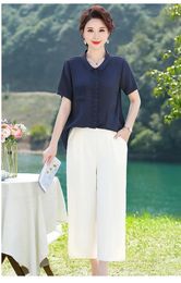 Women's Blouses Cotton Linen Top Summer Short Sleeved Mother's Shirt 2024 Slimming Solid Colour