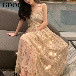 Casual Dresses Summer Sexy Fashion Sleeveless Sequined Slip Maxi Ladies Backless Evening Party Robe Dress Women's Temperament Vestidos