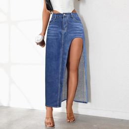 Skirts Women Denim Maxi Skirt High Waist Side Slit Design Long Solid Color Button Zipper Closure Lady With Pockets