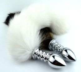 Penis Ring Belt Stainless Steel Silver Spiral Large Anal Plug With White Fox Tail5378931