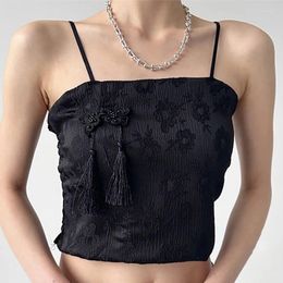 Women's Tanks Summer Women Butterfly Tassel Buckle Chinese Tank Top Backless Vintage Tube With Bra Pad Slim Pleated Elastic Sexy Camis