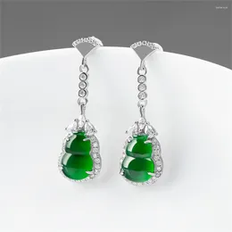 Dangle Earrings 925 Silver Natural Green Jadeite Carved Cucurbit Lucky Earring Certificate Luxury Jade Bridal Party Jewellery