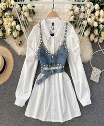 Casual Dresses 2021 HighEnd White Shirt Dress Female Lapel Diamond Pearl Luxury Short Denim Vest Chic Two Piece Sets Fashion3438876