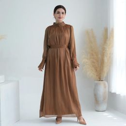 Ethnic Clothing Muslim Solid Colour Shiny Dress Abaya Women Long Sleeve High Waist Maxi Dubai Kaftan Turkey Party Gown Islamic Vestido