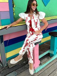 Printed Lobster Women Shirts Suits Lace Up Short Sleeve Top High Waist Wide Leg Pant Set Summer Street Print Lady Outfits 240504