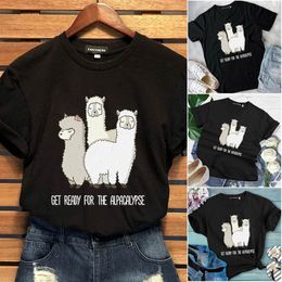 Women's T-Shirt Cute Alpaca Printed Llama Cotton T Shirt Women Summer Short Sleeve Graphic Tops Oversize Round Neck Tumblr Funny Animals Tsh 231T