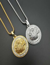 Hip Hop Necklace Inlaid Zircon Bling Iced Out Stainless Steel Wolf Head Round Shape Pendants Necklaces for Men Rapper Jewelry2808529