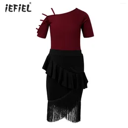 Clothing Sets Kids Tassel Latin Dance Dress Girls Short Sleeve Leotard Ruffle Fishtail Skirt Set Ballroom Tango Prom Party