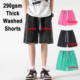 Men's Shorts Custom LOGO DIY 290gsm Thick Qulity Gothic Washed Men Solid Color Plus Size Hip Hop Summer Casual Male Knee Length Short
