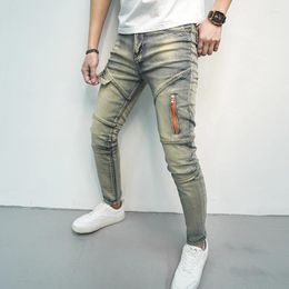 Men's Jeans Retro Biker's Skinny Feet Stretch Handsome Stitching Zipper Design Street Casual Nostalgic Trousers