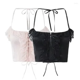 Women's Tanks 2024 Summer Binder Vest Sexy Sweet Y2K Black Crop Top Lace Tie Halter Backless Camisole Fashion Streetwear Tank Tops