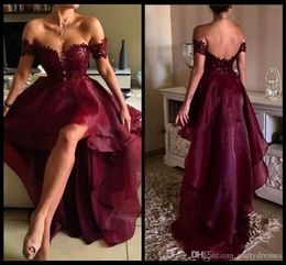 Burgundy Prom Dresses Off the Shoulder Appliqued Lace Wine Red High Low Graduation Backless Party Evening Gown vestidos de formatu8496778