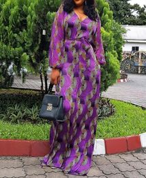 Purple Pattern Printed VNeck FloorLength Maxi Dress African Women Lace Up Casual Loose Autumn Fall Long Sleeve Ladies Dresses Y25908432