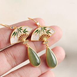 Dangle Earrings Fashion Ethnic Chinese Style Enamel Fan S925 Sterling Silver Cyan An Jade For Women Party Engaged Girlfriend Gift