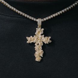 Choker Micro Paved 5A CZ Rose Flower Designed Unique Cross Hip Hop Pendant Necklace For Men Women Couple Jewellery