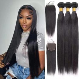 Straight Bundles and Closure Brazilian Human Hair 3 with 4x4 HD Pre Plucked Natural Black 240419