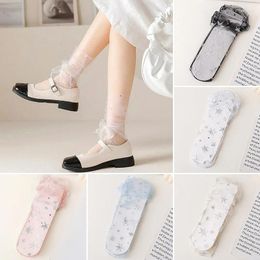 Women Socks Womens Summer Ultra-thin Sheer Snowflake Prined Bowknot Mid Tube Transparent