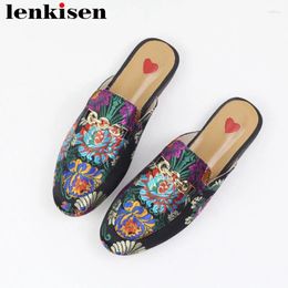 Slippers Lenkisen 2024 Genuine Leather Slip On Outside Oriental Embroider Mules Metal Decoration Streetwear Fashion Women Shoes