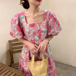 Party Dresses Women's Summer Long Vintage Flower Dress 3D Oil Painting Backless Puff Sleeve High Waist Square Collar Sundress French Style