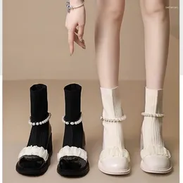 Boots Fashion Women Socks Pearl Lace Buckle Belt Slip-on Platform Ankle Mary Jane Shoe Autumn Casual Thick High Heel