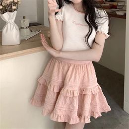 Skirts 2024 Fashion High Waist Japanese Style Women Mini Skirt Ruffle Layered Pink Cute Sweet Short Lace Elegant A-line